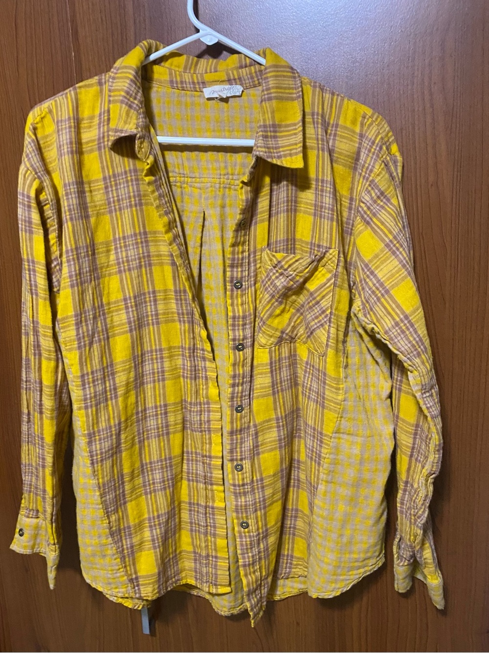 Mystree Yellow & Brown Plaid Button Front Long Sleeve Boho Casual Shirt Size M